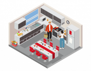 Illustration of two people conversing in the kitchen