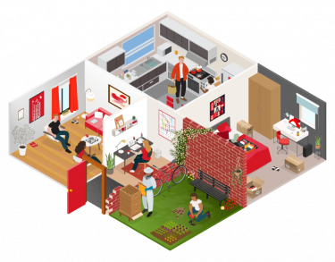 Illustration of City University flat with living room, kitchen, study, bedroom and garden.