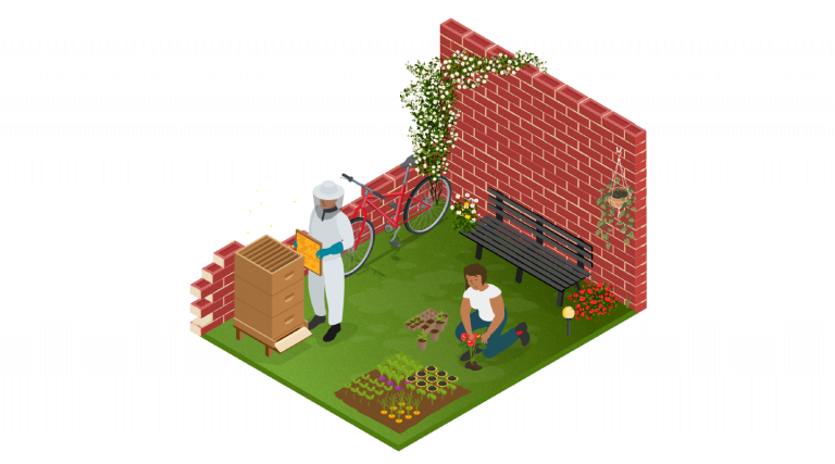 Illustration of a City bee keeper in garden and a student planting flowers