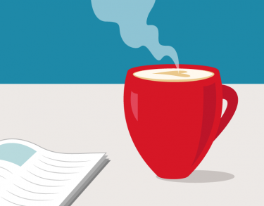 Illustration of steaming mug of coffee next to an open book.