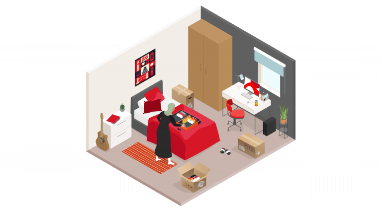 Illustration of student unpacking suitcase on the bed